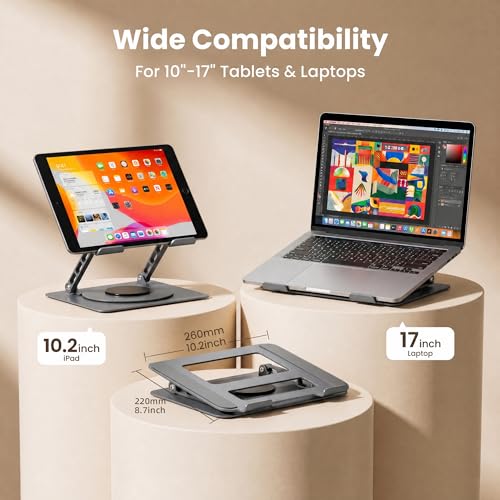 Aluminum Laptop Stand for Desk, Heavy Duty Computer Stand with 360° Rotating Base, Ergonomic Adjustable Height Notebook Riser, Compatible with MacBook Pro/Air, Dell, HP, 10-17” Laptops - Grey - color: Space Gray
