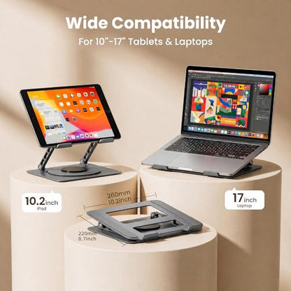 Aluminum Laptop Stand for Desk, Heavy Duty Computer Stand with 360° Rotating Base, Ergonomic Adjustable Height Notebook Riser, Compatible with MacBook Pro/Air, Dell, HP, 10-17” Laptops - Grey - color: Space Gray