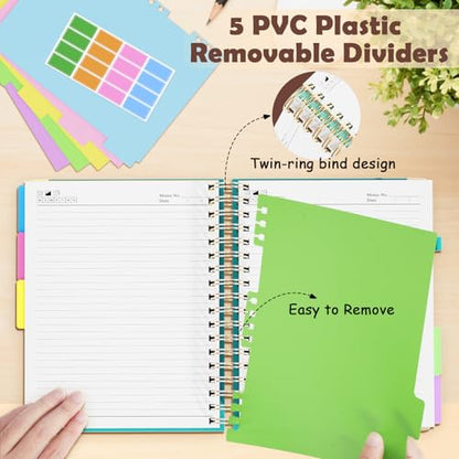 QIYVLOS Hardcover Spiral Notebook, B5 Journal with Removable Dividers Tabs, 5 Subject Notebook College Ruled, 320 Pages 8"x10" Leather Notebooks for Work School Study, Lined Journal for Women, Cyan - color: B5/Cyan