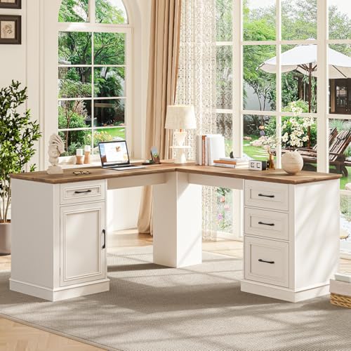 Vabches Farmhouse 59" L-Shaped Executive Desk with Drawers, Unique White - color: White-brown