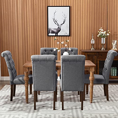 COLAMY Button Tufted Dining Chairs Set of 6, Accent Parsons Diner Upholstered Fabric Dining Room Stylish Kitchen Chairs with Solid Wood Legs and Padded Seat, Dark Grey - color: Dark Grey, size: set of 6