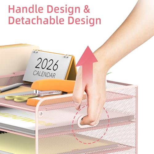 SUPEASY Mesh Desk Organizer with File Holder, 5-Tier Paper Letter Tray Organizer with Magazine Holder, Desktop Organizer and Storage with Drawer for Office Supplies Home or School (Pink) | Two side magazine holders and a bottom drawer store papers, folder