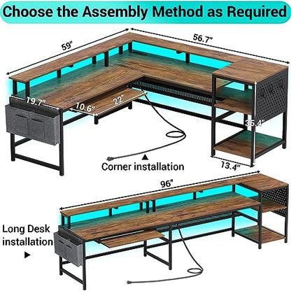 SEDETA L Shaped Computer Desk, Reversible Computer Desks, L Shaped Desk with Power Outlets & LED Strip, Monitor Shelf, Keyboard Tray, Pegboard and Storage Shelves for Home Office, Rustic Brown - color: Rustic Brown