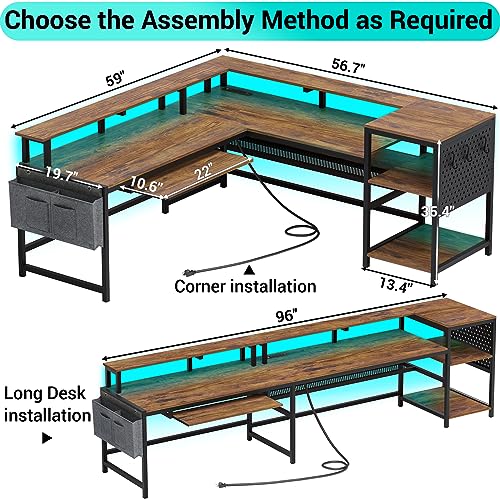 SEDETA L Shaped Computer Desk, Reversible Computer Desks, L Shaped Desk with Power Outlets & LED Strip, Monitor Shelf, Keyboard Tray, Pegboard and Storage Shelves for Home Office, Rustic Brown - color: Rustic Brown