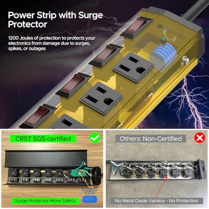 CRST 6-Outlet Metal Power Strip with Individual Switches 15A/1875W, 6FT - color: Yellow, size: 6FT