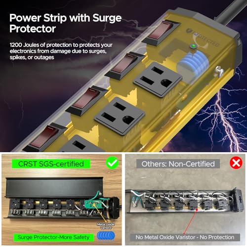 CRST 6-Outlet Metal Power Strip with Individual Switches 15A/1875W, 10FT - color: Yellow, size: 10FT