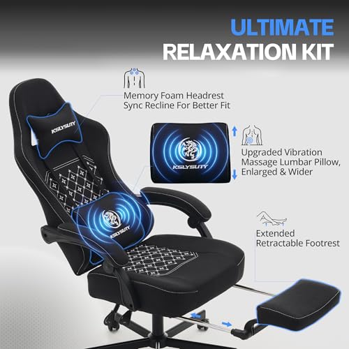 Desk Computer Gaming Chair - Ergonomic Game Office Chair with Extended Footrest and Massage Lumbar Support, Home Gamer Video Game Chairs with Spring Cushion for Adults (Pro Black Fabric) - color: Pro Black Fabric