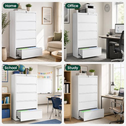 5 Drawer Lateral File Cabinet, Metal Filing Cabinet for Home Office, White | Heavy-Duty Steel Locking Large File Cabinet, Hanging Letter/Legal/A4 Size, Full-Extension Silent Drawer, Un-Assembly - color: White, size: 5 Drawers (35.43 in Width)