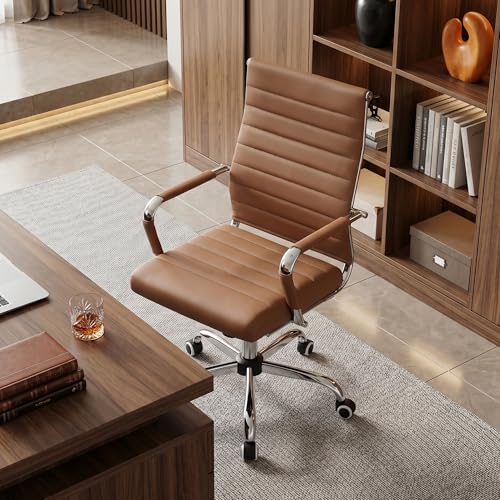 Okeysen Ergonomic Office Desk Chair, Ribbed Leather Modern Conference Room Chairs, Executive Adjustable Swivel Rolling Chair for Home & Office. - color: Ribbed Brown