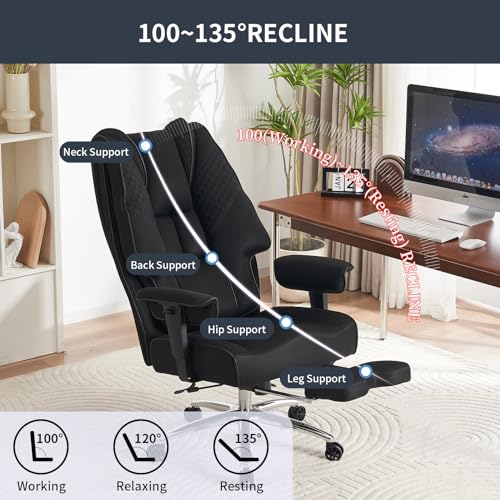 Big and Tall Office Chair 400lbs Wide Seat, Leather High Back Executive Office Chair with Foot Rest, Ergonomic Chairs Lumbar Support for Lower Back Pain Relief (Mesh Black) - color: Mesh Black