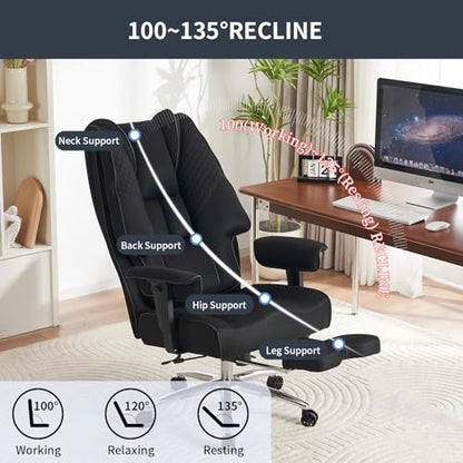 Big and Tall Office Chair 400lbs Wide Seat, Leather High Back Executive Office Chair with Foot Rest, Ergonomic Chairs Lumbar Support for Lower Back Pain Relief (Mesh Black) - color: Mesh Black