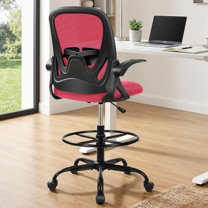 Primy Drafting Chair Tall Office Chair with Flip-up Armrests Executive Ergonomic Computer Standing Desk Chair with Lumbar Support and Adjustable Footrest Ring (Fire Brick) - color: Fire Brick, size: 934-Z