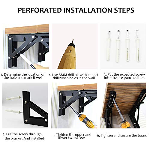 Storystore Folding Shelf Brackets - 10 Inch Heavy Duty Metal Collapsible Shelf Bracket for Bench Table, Shelf Hinge Wall Mounted Space Saving DIY Bracket, Max Load: 150 lb (4 PCS, Black) - size: 10 Inch 4 PCS