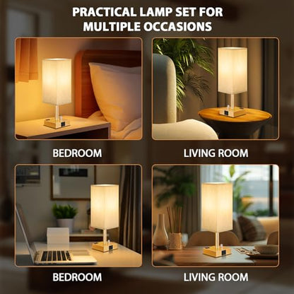 Gold Bedside Table Lamps Set of 2 - Dimmable, USB C+A, 2 AC Outlets | Stepless Dimmable by Rotary Knob, 3000K LED Bulbs Included, Square Cream Linen Shade, Nightstand Lamp for Living Room, Desk - color: Gold