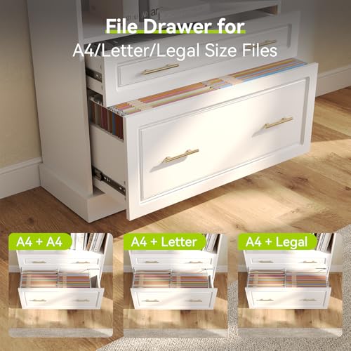 LITTLE TREE 72" Tall White Bookcase, 5-Tier Office Bookself with File Cabinet Drawers,Modern Floor Standing Storage Filing Cabinet Book Shelf for Living Room,Bedroom(2 Piece,White) - color: White