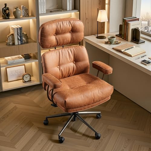 HOOOWOOO Ergonomic Office Chair,Mid Century Modern Computer Desk Chair,Comfy Executive Chair with Extra Wide Tufted Cloudy Seat Lumbar Support High Reclining Back,Suede Leather Cognac Brown - color: Cognac-cloudy Seat, size: High Back