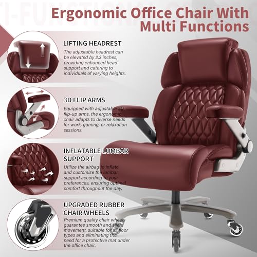 Big and Tall Office Chair 700lbs, Ergonomic High Back Computer Desk Chair | Adjustable Headrest&Lumbar Support, 3D Flip Arms, Large Wheels, Heavy Duty Metal Base, Thick Padded Wide Seat Executive Chair - color: Burgundy