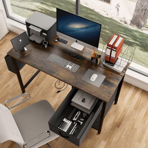 Office Desk with Power Outlet,3drawers and Side Pocket, Easy to Assemble,Frame Stability Reversible for Home Office Study,Rustic Brown