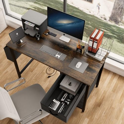 Office Desk with Power Outlet,3drawers and Side Pocket, Easy to Assemble,Frame Stability Reversible for Home Office Study,Rustic Brown