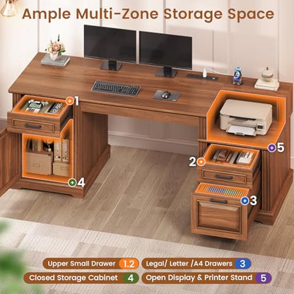 SEDETA Farmhouse Executive Desk, 62'' Home Office Desk with File Drawers, 3Drawer and Storage Cabinet, Computer Desk with Power Outlet for Home Office, Work Study Writing, Walnut - color: Walnut