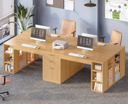 SEDETA Fluted 96.5" Computer Desk with Drawers, 2 Person Home Office Desk, Gaming Double Desk with Storage Shelves, Long Two Person Writing Desk, Natural - color: Fluted Natural