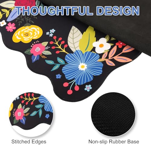 L-SPOUTTO Floral Mouse Pad, Black Scalloped Desk Mat XXL Gaming Mousepad | Botanical Large 35.4x15.7in Non-Slip Rubber Base Keyboard Pad Waterproof Desktop Mat for Laptop Computer Game Home Office - color: Black Floral