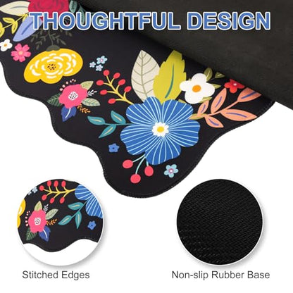 L-SPOUTTO Floral Mouse Pad, Black Scalloped Desk Mat XXL Gaming Mousepad | Botanical Large 35.4x15.7in Non-Slip Rubber Base Keyboard Pad Waterproof Desktop Mat for Laptop Computer Game Home Office - color: Black Floral