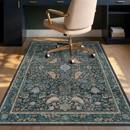 Office Chair Mat for Hardwood Floors, Blue Botanical Under Desk Rug with Bird Pattern, 4x5 Low Pile Floor Protector for Rolling Computer Chairs, Anti-Slip Washable Stain Resistant Mat - color: Bird - Blue, size: 4' x 5'