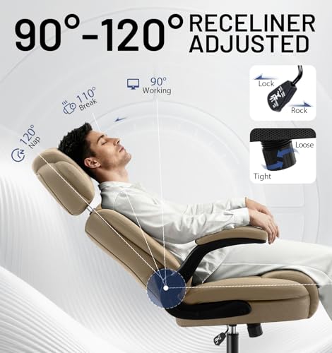 Ergonomic Office Chair with Lumbar Support, 400lbs Heavy Duty Big and Tall Executive Desk Chair, PU Leather High Back Computer Chair with Flip-Up Arms & Adjustable Headrest, Khaki - color: Khaki, size: Adjustable Headrest Office Chair