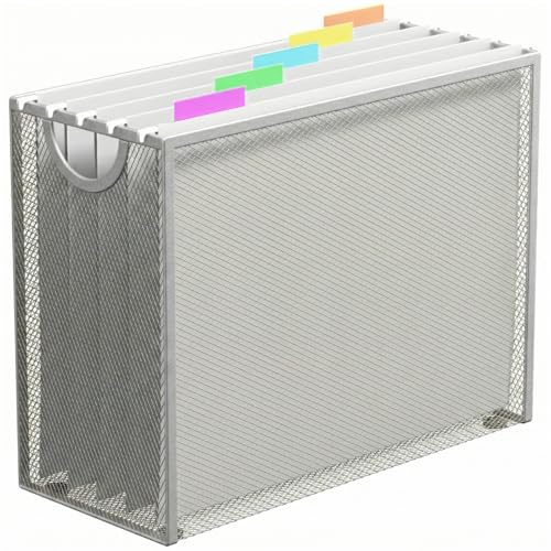 Letter-Size Hanging File Organizer (Silver, with 5 Grey Folders) | File Holder Filing Box for Desk, Metal Mesh Desk File Folder Storage for Office(No Assembly Required) - color: Silver, With 5 Grey Folders