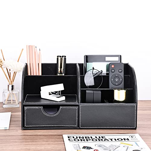 Pu Leather Desk Organizer Pen Pencil Holder Office Supplies Caddy Storage Box 6 Compartments with Drawer Black - color: Black