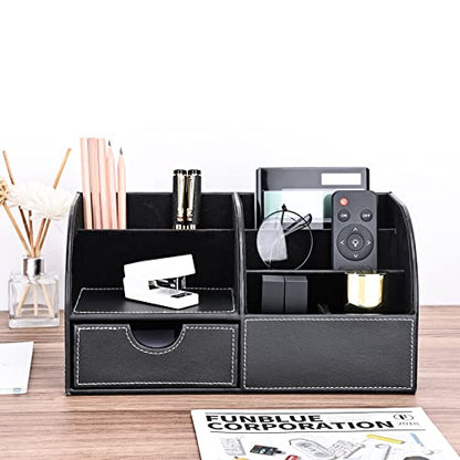 Pu Leather Desk Organizer Pen Pencil Holder Office Supplies Caddy Storage Box 6 Compartments with Drawer Black - color: Black