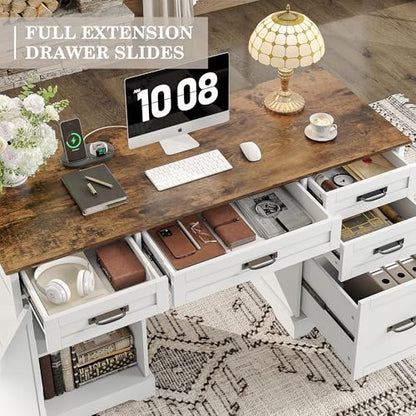 Alohappy 55'' Farmhouse Executive Desk with File Cabinet, Home Office Wood Computer Desk with Drawers and Power Outlets, White - color: White, size: 55''