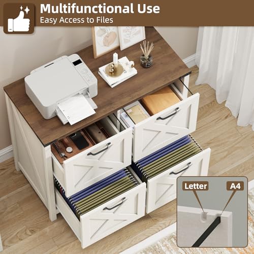 Halitaa Farmhouse Lateral File Cabinet with 4 Drawers, White and Brown - color: Rustic White and Brown, size: 4 Drawers