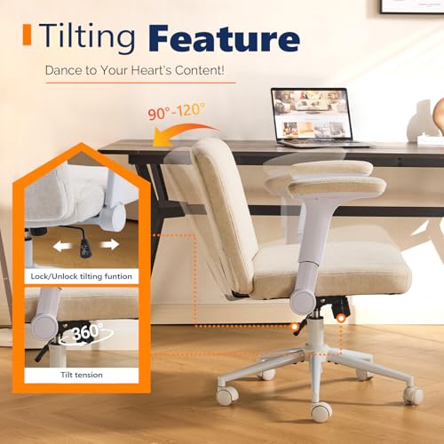 VINGLI Criss Cross Chair with Adjustable Flip-Up Arms,Cross Legged Chair with Wheels, Extra Wide Office Chair,Cozy Desk Chair for Home Office, Vanity, Apartment,Chenille Velvet,Beige - color: Beige