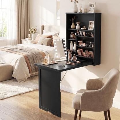 Tangkula Folding Wall Mounted Desk, Convertible Fold Out Floating Table with Storage Shelves, Space-Saving Drop Leaf Table, Murphy Desk for Craft, Study, Small Spaces, Home Office, Dorm, Black - color: Black