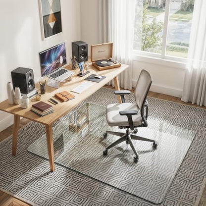 46"x55" Tempered Glass Office Chair Mat for Carpet & Hardwood Floor | 1/5" Thick Clear Floor Protector Desk Chair Mat with Rounded and Polished Edges, Resist Scratching, Cracking, Curling - size: 46"x55"