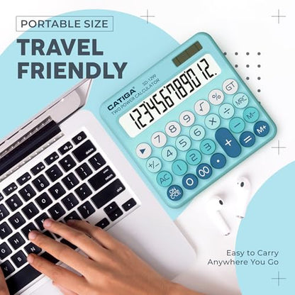 CATIGA Mechanical Switch Calculator with Solar and Battery Dual Power, 12-Digit Large LCD Display, Aesthetic and Cute Desktop Calculator with Big Button, for Home, School and Office Use, SD-1299 - color: Z) Aqua Blue