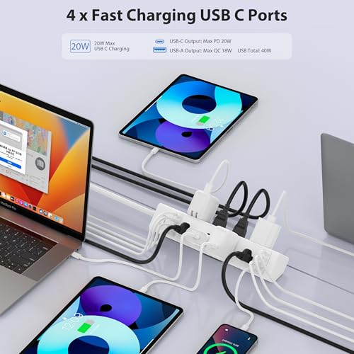 Jgstkcity Desk Clamp Power Strip 40W USB C,8-Outlet,8 USB,10FT,White | 40W Fast Charging Station,4 USB-C,4 USB-A,Furniture Nightstand Edge Mount Surge Protector, Fits 1.9" Tabletop Edge - color: White, size: 10FT Length