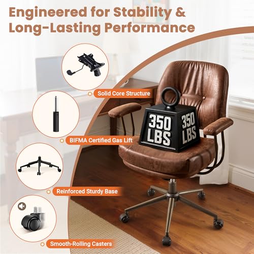 Leather Home Office Chair, Mid Back Ergonomic Desk Chair with Lumbar Support, Mid Century Modern Deep Seat Swivel Rocking Computer Chair, Dark Brown - color: Dark Brown,pu Leather, size: Big Mid Back