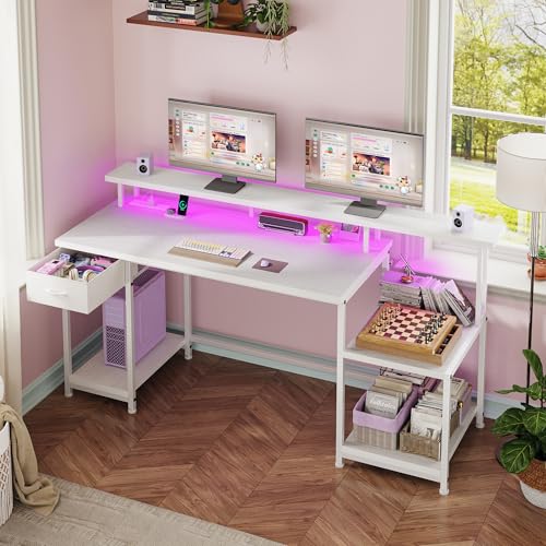 DurayLoly Office Desk with 55" Long Monitor Stand, 18" Ample Printer Space | Storage Drawer and File Shelves,Versatile RGB LED Lighting,Built-In USB Outlet,Sturdy Metal Frame,Bedroom Writing Desk,White - color: White