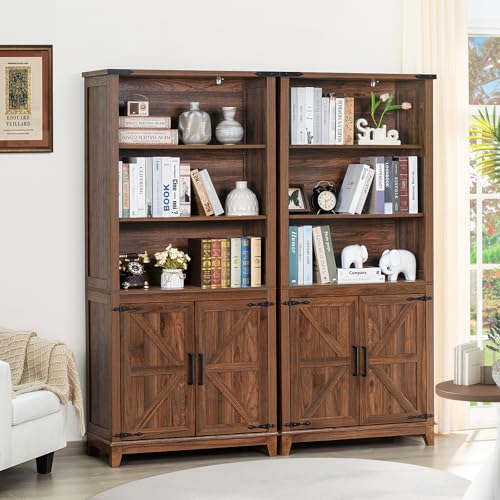 Joaxswe 70in Tall Bookshelf 5 Tier Bookcase with Barn Doors and Adjustable Shelves, Brown Farmhouse Book Shelf with Storage Cabinet, Wood Freestanding Display Bookshelves for Bedroom, Kitchen (2PCS) - color: Brown, size: 2 Piece