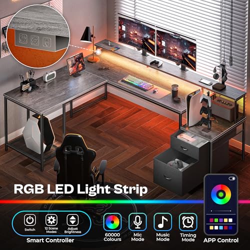 PRAISUN 66" L Shaped Gaming Desk with LED Lights & Power Outlets - color: Grey