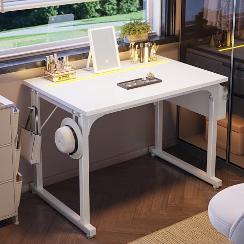 DurayLoly 32" Gaming Desk with Waterproof LED Lights for Bedroom,White - color: White, size: 32 IN