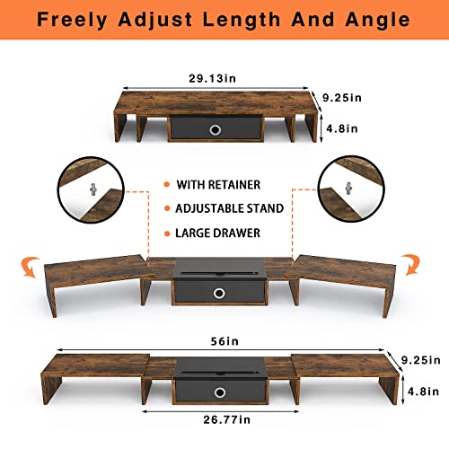 WESTREE Triple Dual Monitor Stand Riser with Drawer,Extra Large Adjustable for 2~3 Monitors,Solt for Phone & Tablet, Desktop Organizer Stand for Computer,Laptop,Printer,TV - size: Large-brown