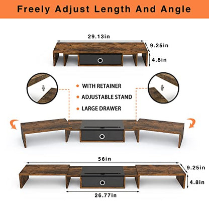 WESTREE Triple Dual Monitor Stand Riser with Drawer,Extra Large Adjustable for 2~3 Monitors,Solt for Phone & Tablet, Desktop Organizer Stand for Computer,Laptop,Printer,TV - size: Large-brown
