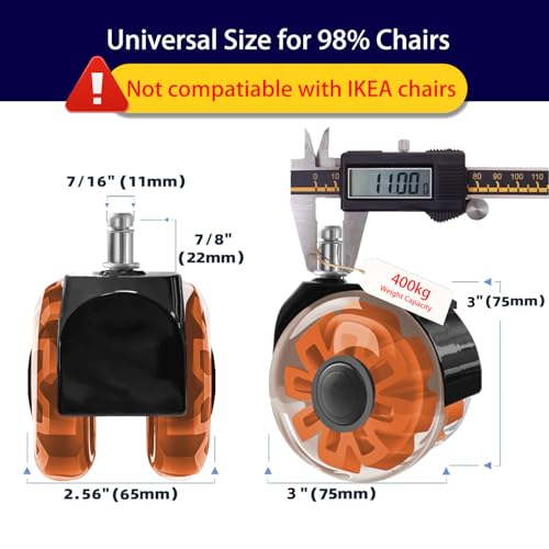 Hirate 3 inch Office Furniture Casters 7/16 inch Stem Dual Rubber Wheel - color: Orange, size: 3 inch