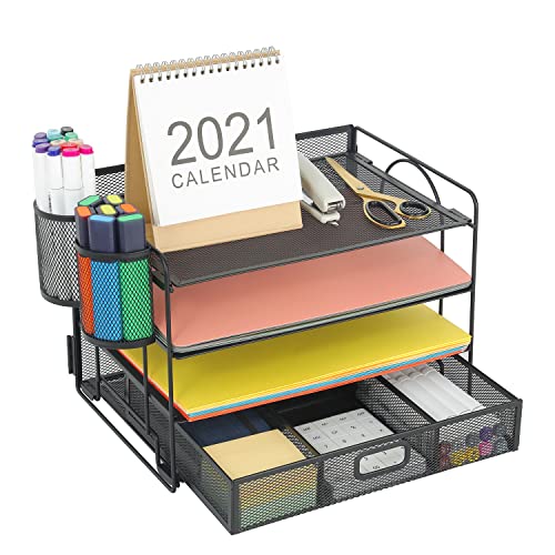 Marbrasse Desk Organizer, 4-Tier Paper File Letter Tray, Black | Sturdy Paper Tray, File Holder, Built-in Drawer, 2 Pen Slots, fits Letters/Files, for School Home Office Supplies - color: Black With Pen Holder