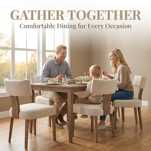 HNY Mid Century Modern Dining Chairs Set of 2, Upholstered Linen Kitchen & Dining Room Chairs with Ergonomic Curved Backrest, Solid Wood Legs, Farmhouse Accent Chair for Home, Apartment, Beige - color: Beige Curved