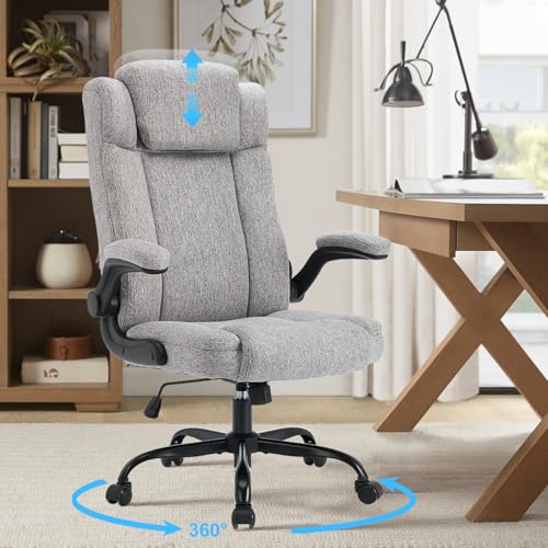 High Back Fabric Office Chair Ergonomic Chair Adjustable Headrest | Fabric office chair with high back ergonomic support, adjustable headrest, flip-up arms, adjustable height and 90°-120° tilt - color: Grey